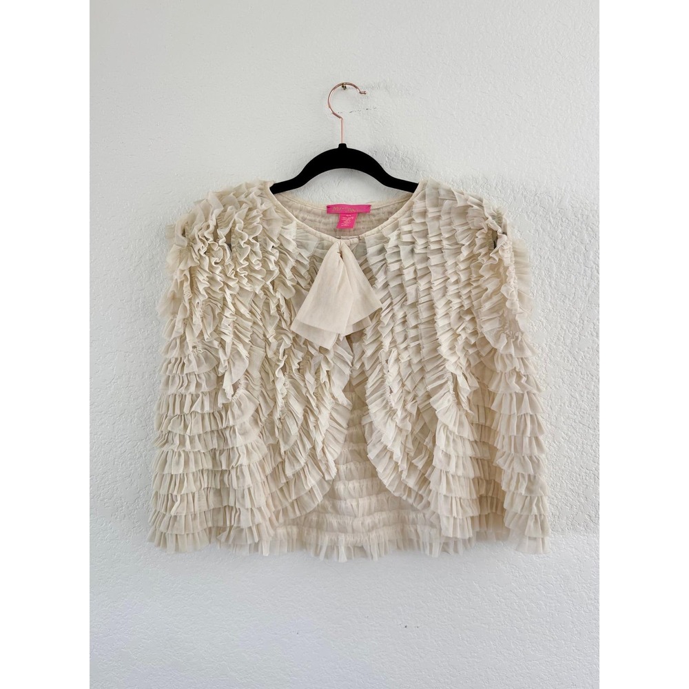 Vintage Betsey Johnson Cream Ruffled Mesh Shrug Front Tie Capelet OS RN98072